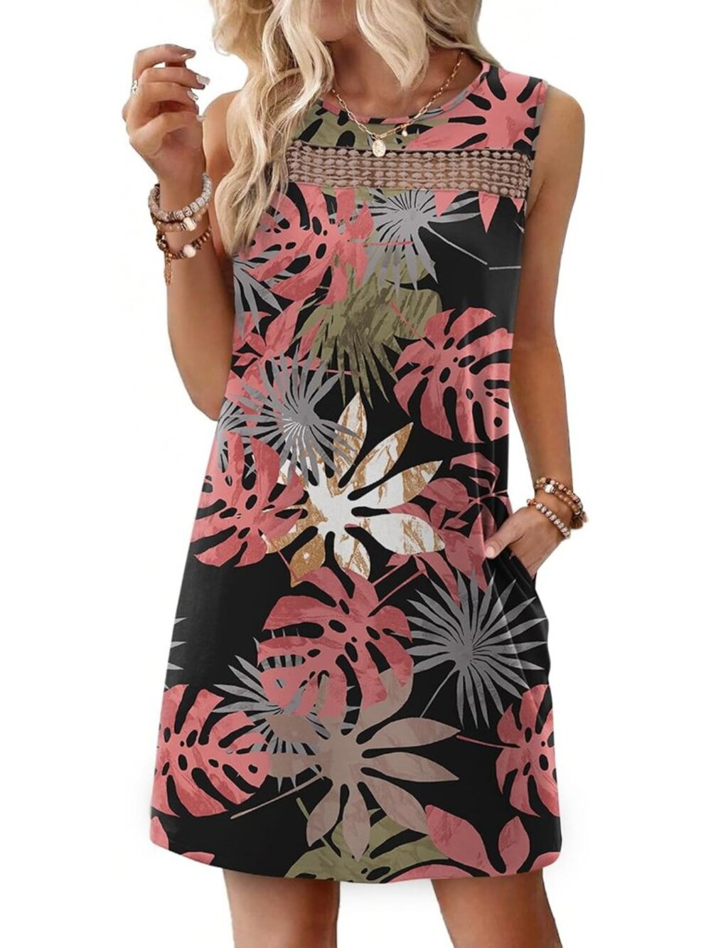 〽️Women's Red Black Leaf Lace Mini Dress Sleeveless Tank Summer Vacation Wear